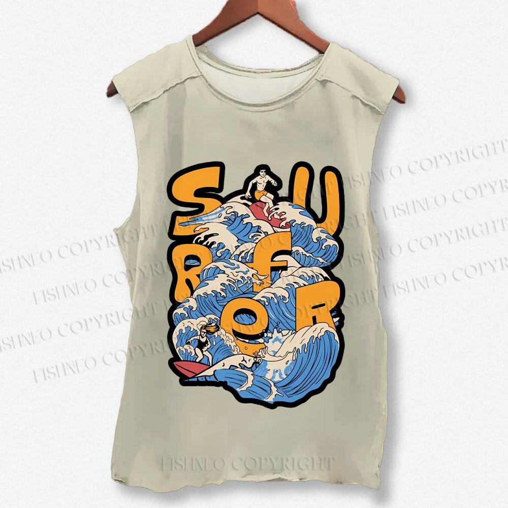 Unisex Wave Surfer Printed Washed Tank Top