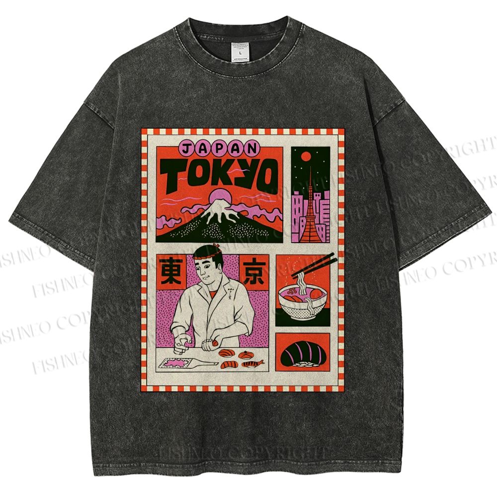 Unisex Vintage Japanese Art Poster Printed Washed Tee