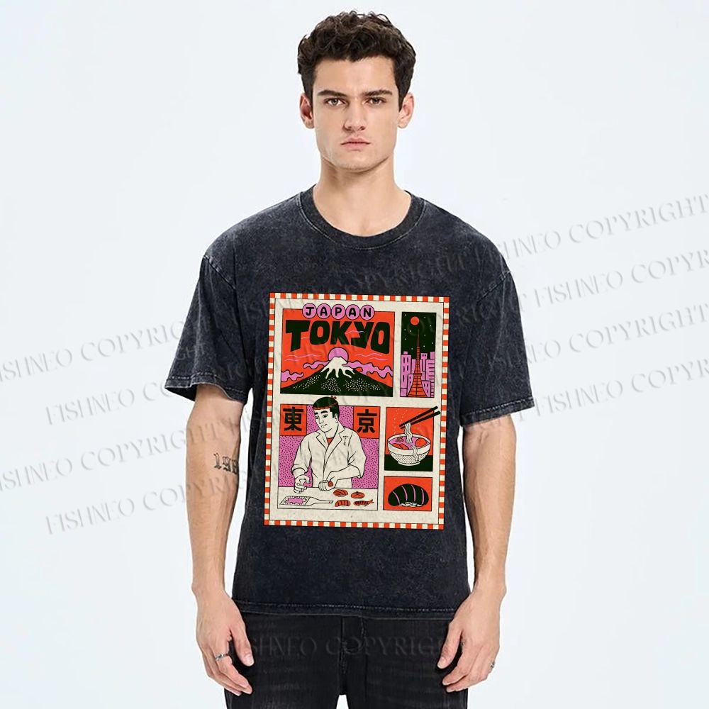 Unisex Vintage Japanese Art Poster Printed Washed Tee