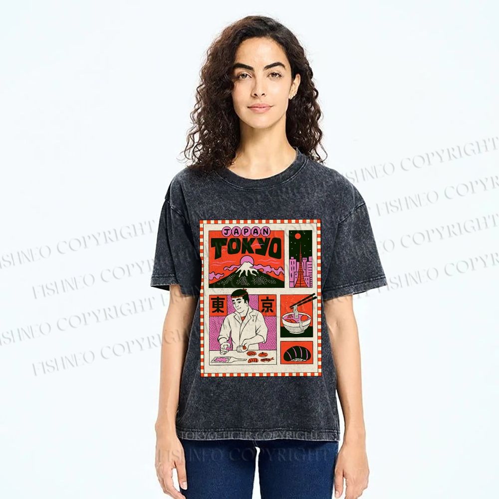 Unisex Vintage Japanese Art Poster Printed Washed Tee
