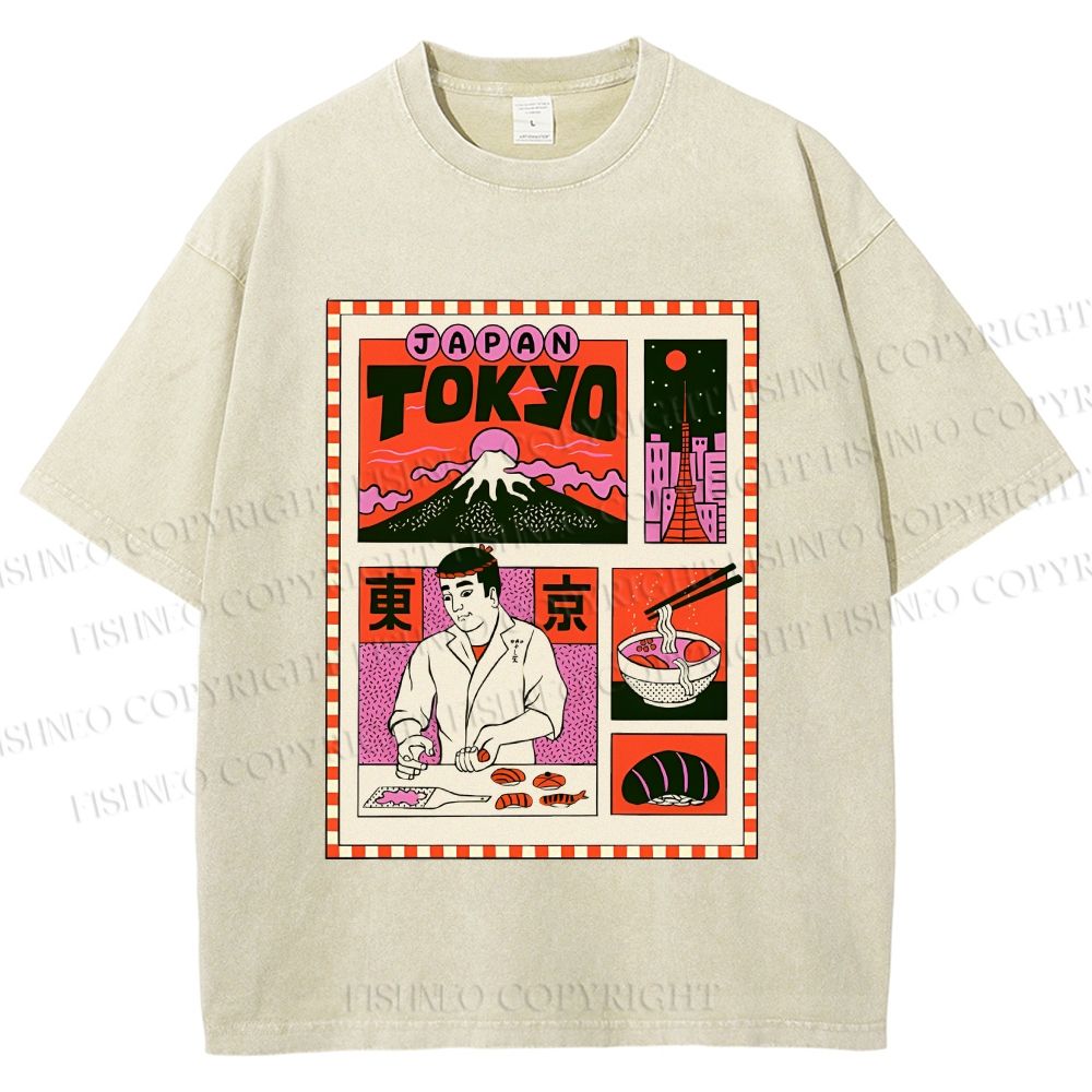 Unisex Vintage Japanese Art Poster Printed Washed Tee