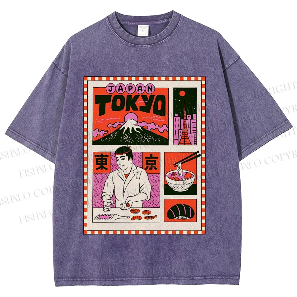 Unisex Vintage Japanese Art Poster Printed Washed Tee