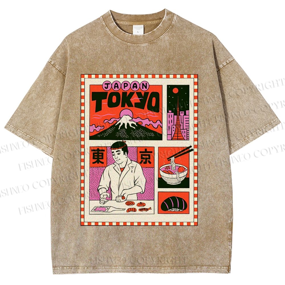Unisex Vintage Japanese Art Poster Printed Washed Tee
