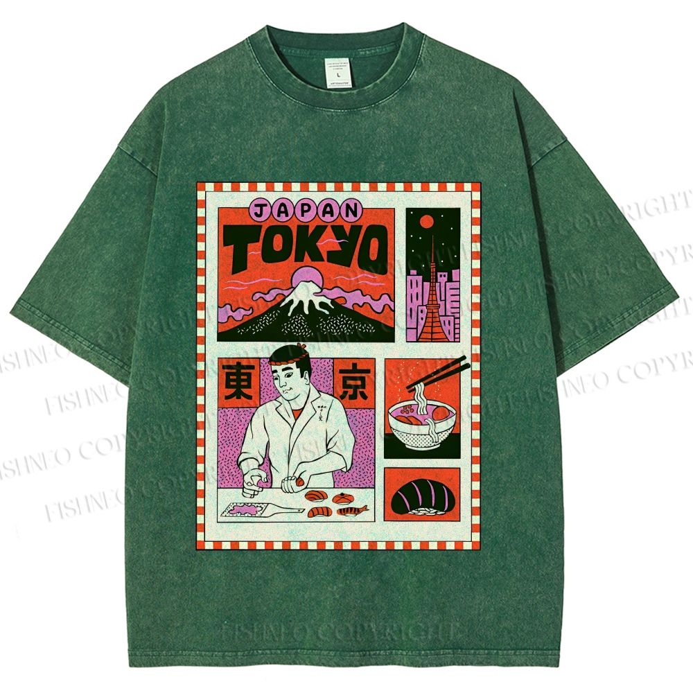 Unisex Vintage Japanese Art Poster Printed Washed Tee