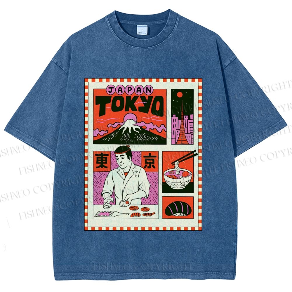 Unisex Vintage Japanese Art Poster Printed Washed Tee