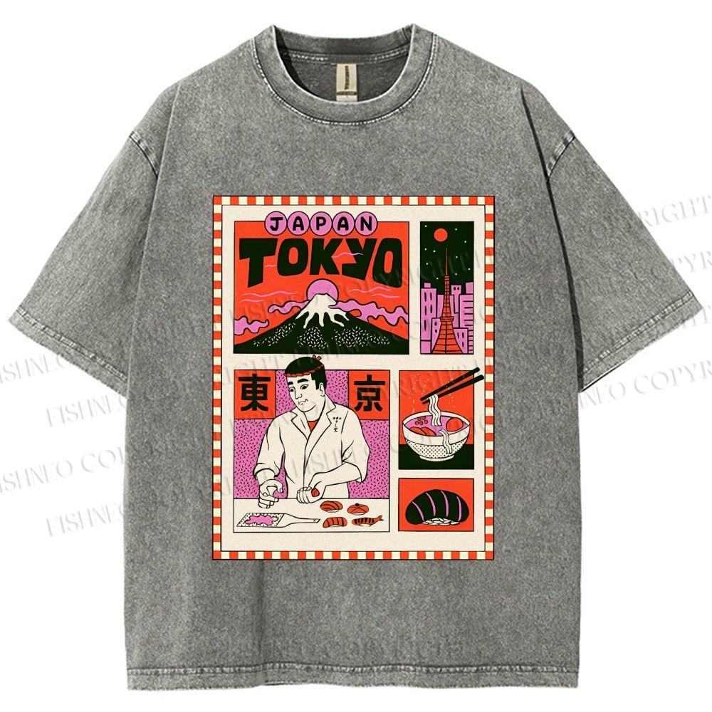 Unisex Vintage Japanese Art Poster Printed Washed Tee