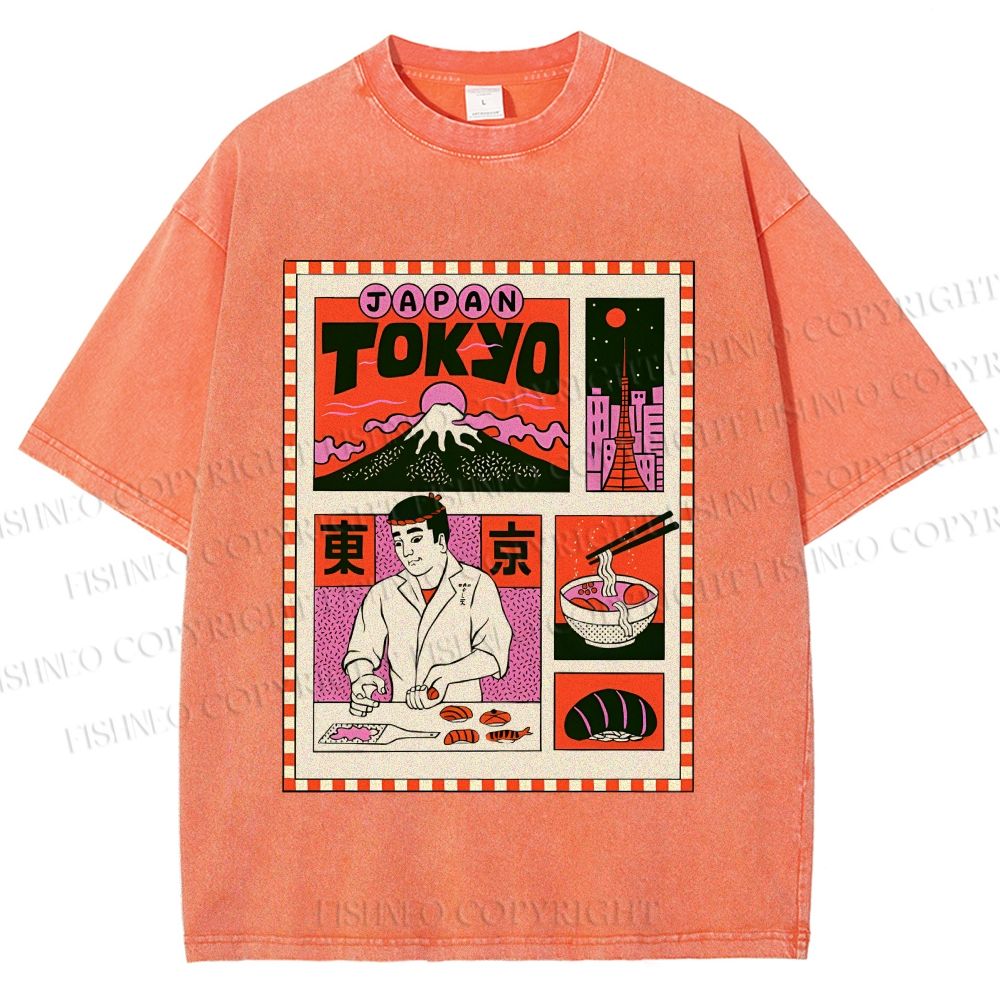 Unisex Vintage Japanese Art Poster Printed Washed Tee