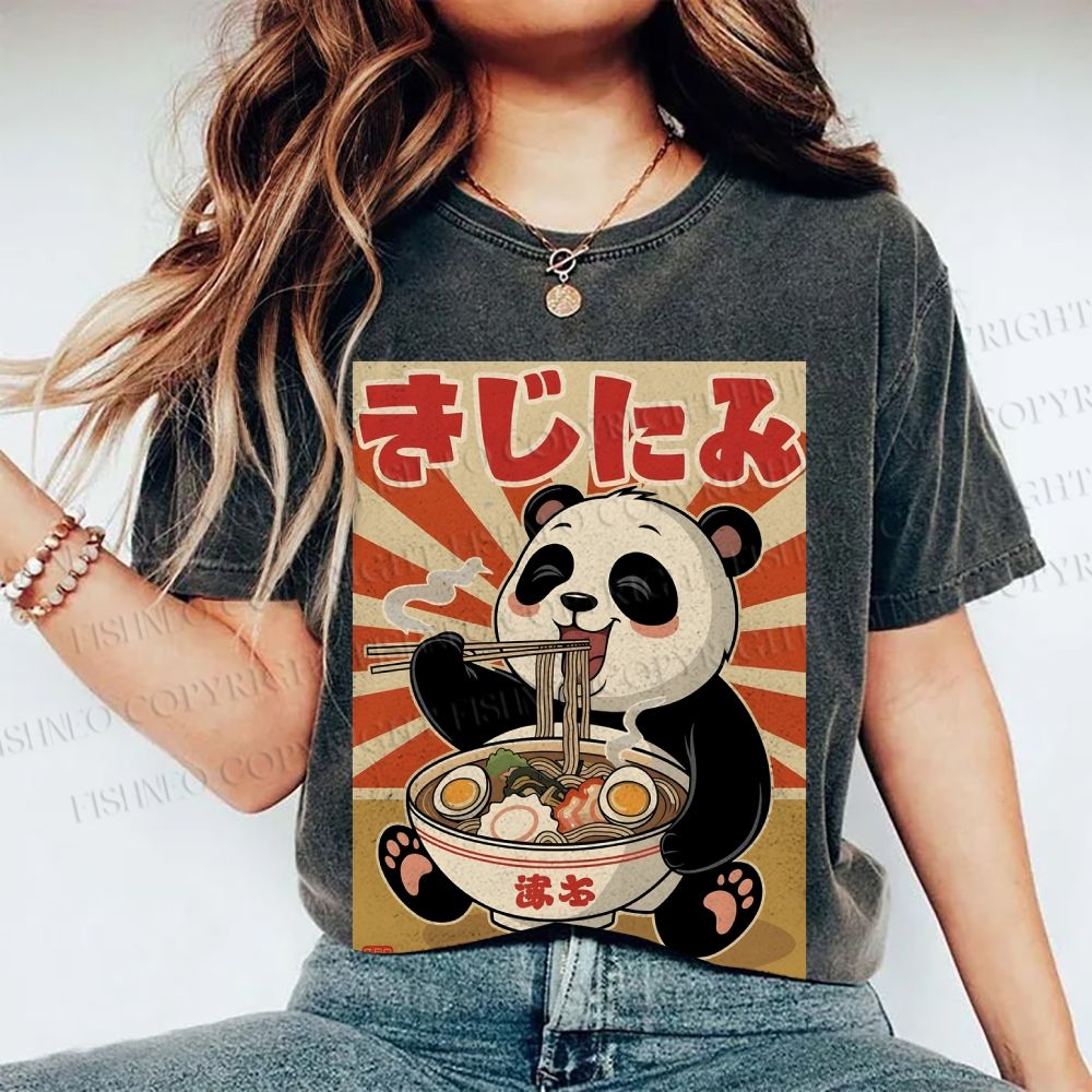 Unisex Vintage Japanese Panda Ramen Printed Washed Tee