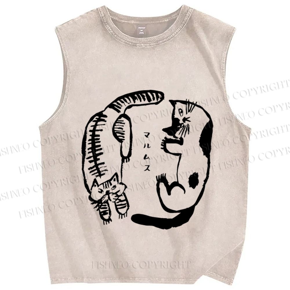 Unisex Japanese Cat Circle Printed Washed Tank Top