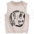 Unisex Japanese Cat Circle Printed Washed Tank Top