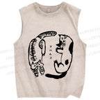 Unisex Japanese Cat Circle Printed Washed Tank Top