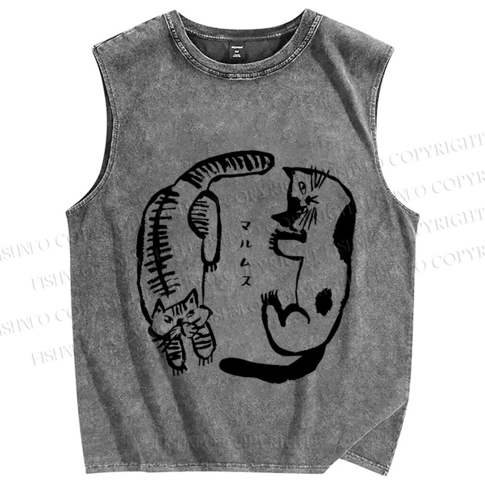 Unisex Japanese Cat Circle Printed Washed Tank Top