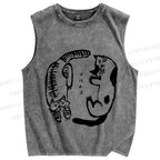 Unisex Japanese Cat Circle Printed Washed Tank Top