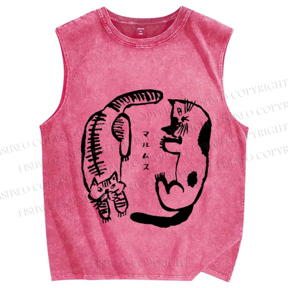 Unisex Japanese Cat Circle Printed Washed Tank Top