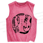 Unisex Japanese Cat Circle Printed Washed Tank Top