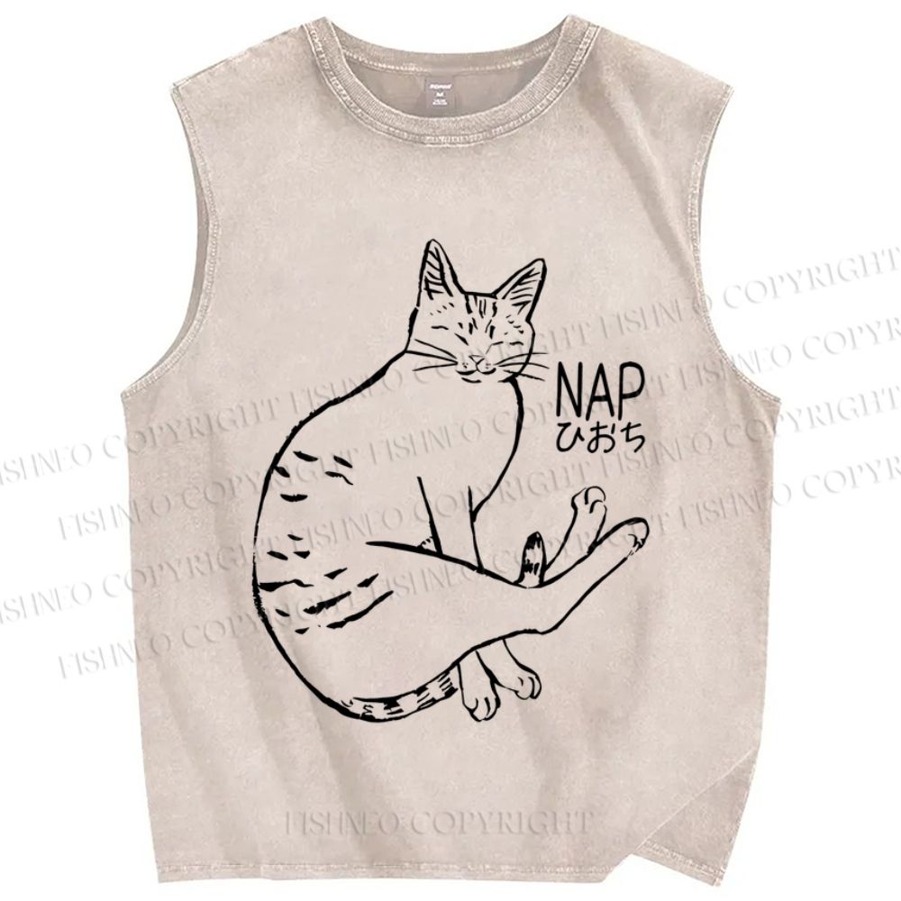 Unisex Cat Take Nap Japanese Printed Washed Tank Top