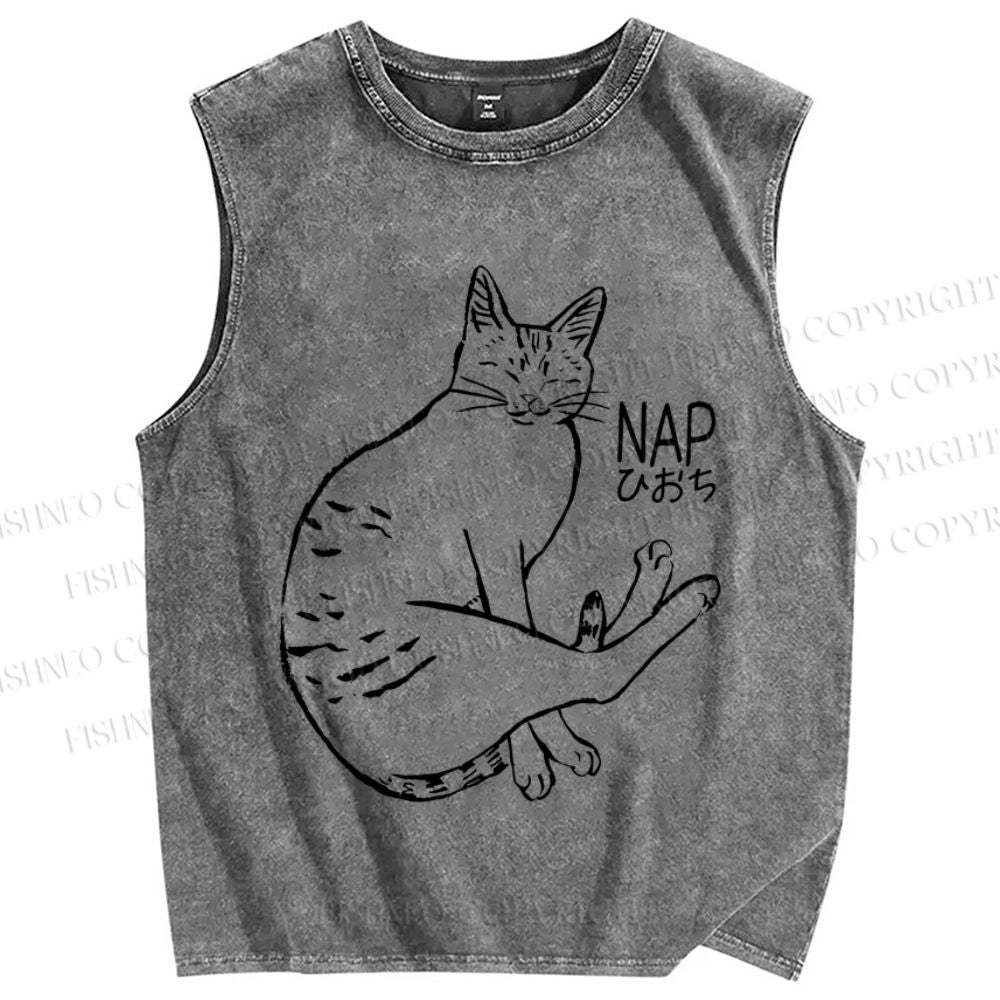 Unisex Cat Take Nap Japanese Printed Washed Tank Top