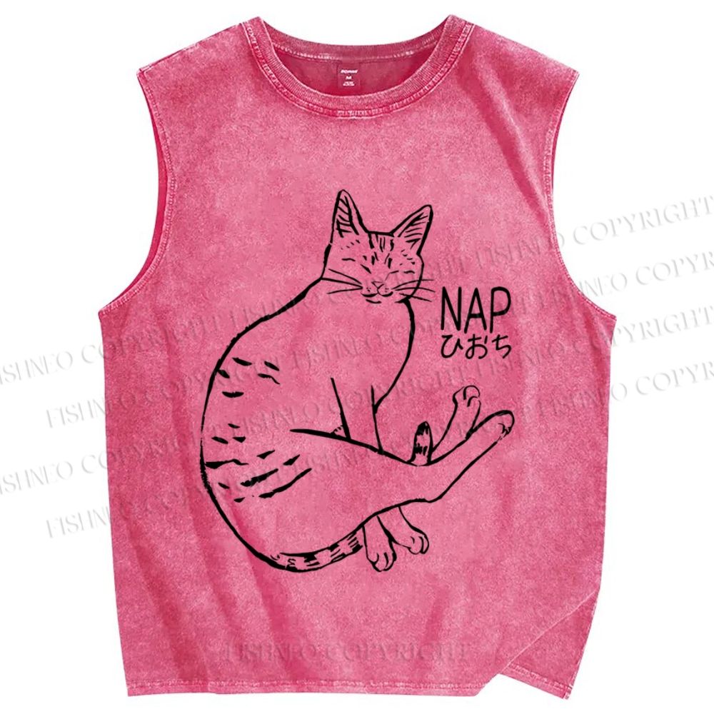 Unisex Cat Take Nap Japanese Printed Washed Tank Top