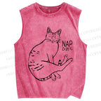 Unisex Cat Take Nap Japanese Printed Washed Tank Top