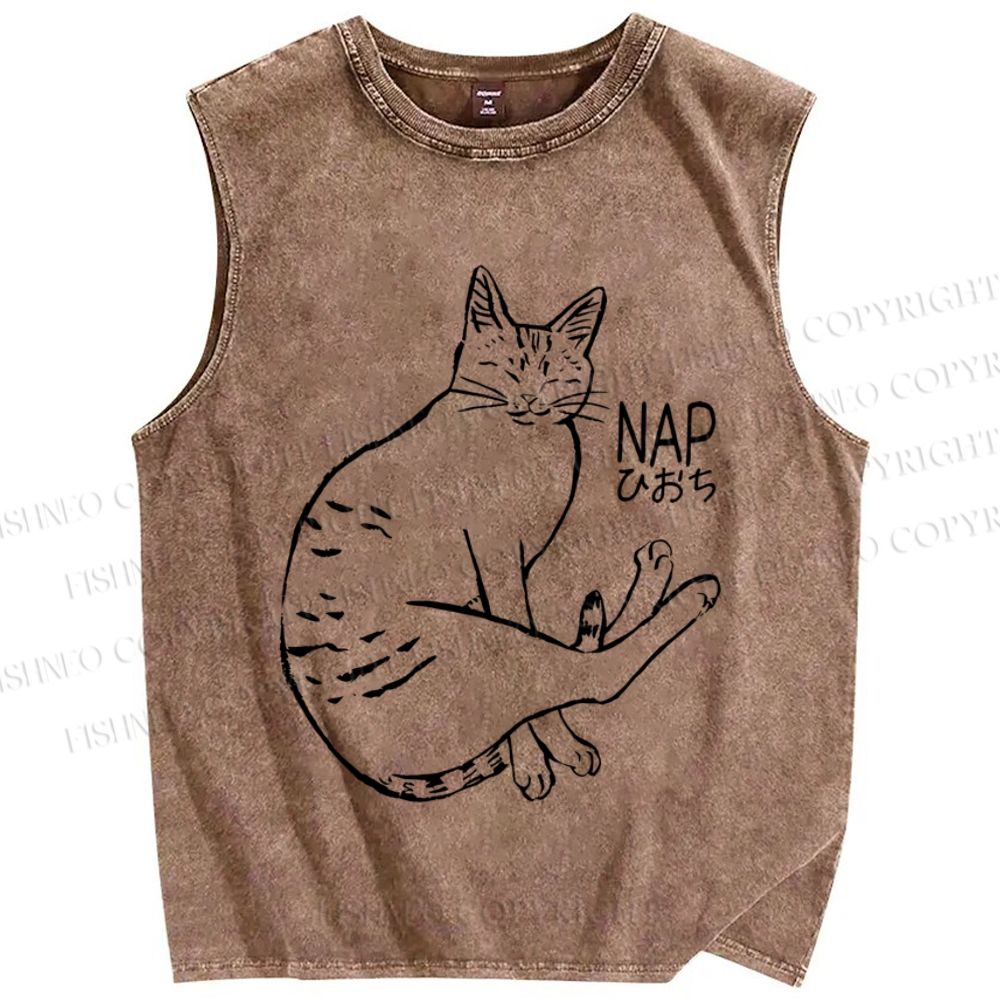 Unisex Cat Take Nap Japanese Printed Washed Tank Top