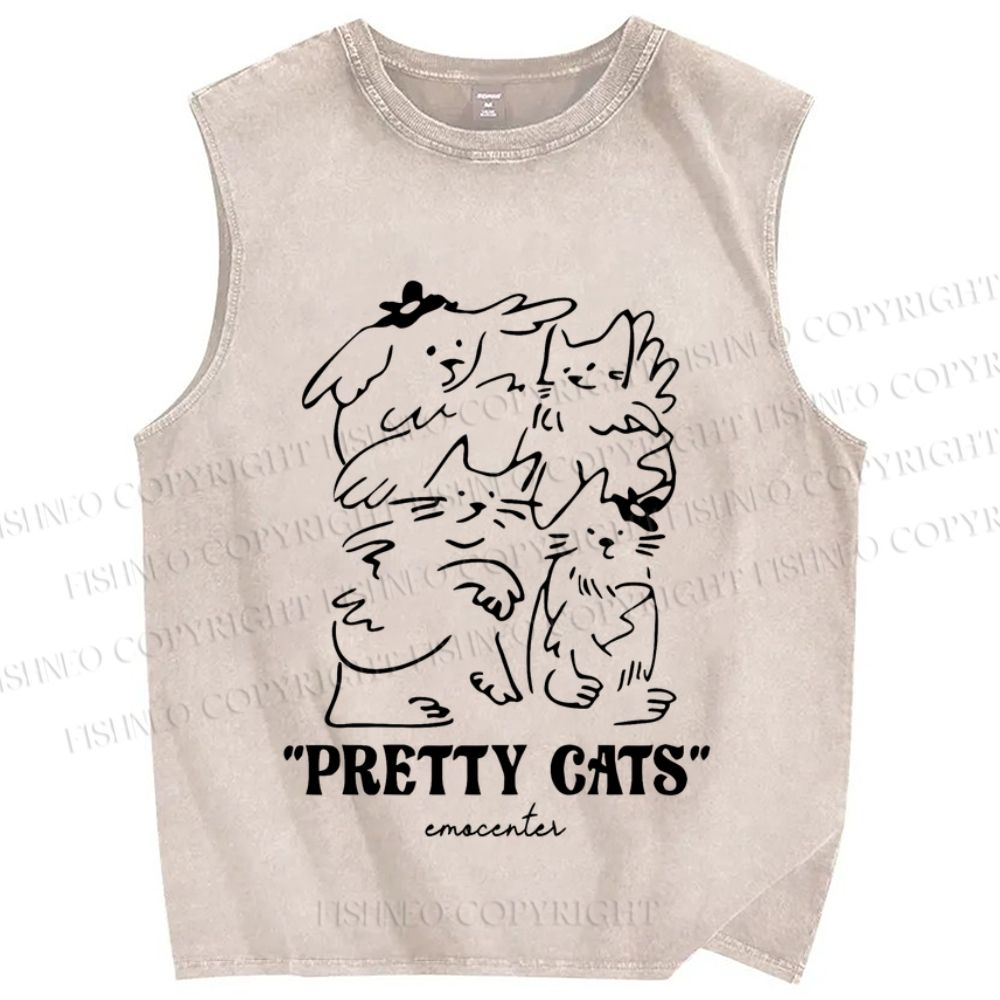 Unisex Pretty Cats Printed Washed Tank Top