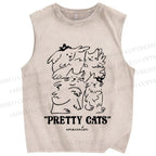 Unisex Pretty Cats Printed Washed Tank Top