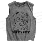 Unisex Pretty Cats Printed Washed Tank Top