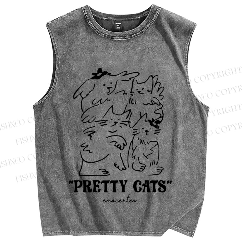 Unisex Pretty Cats Printed Washed Tank Top