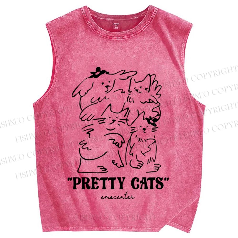 Unisex Pretty Cats Printed Washed Tank Top