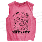 Unisex Pretty Cats Printed Washed Tank Top