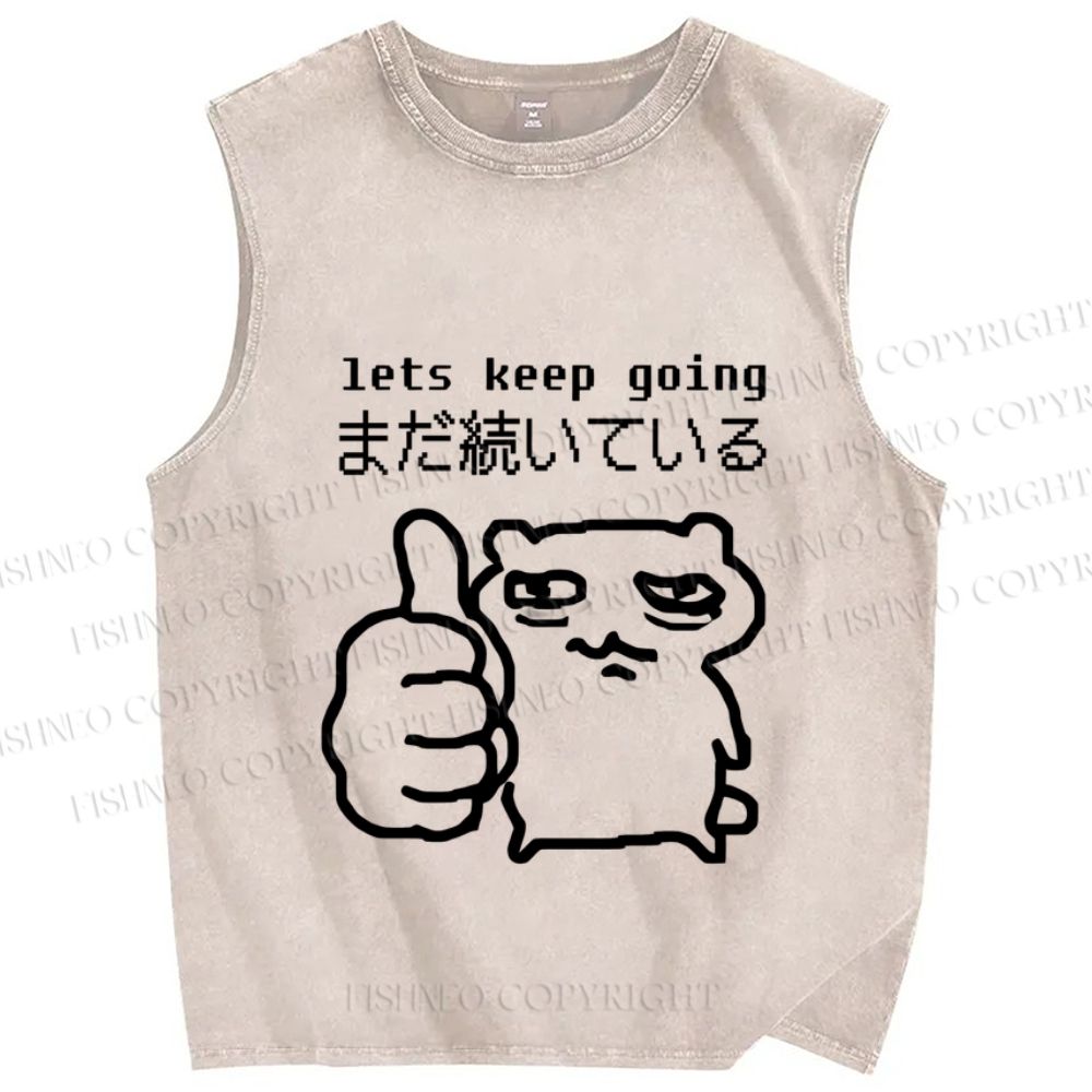 Unisex Tired Cat Lets Keep Going Printed Washed Tank Top