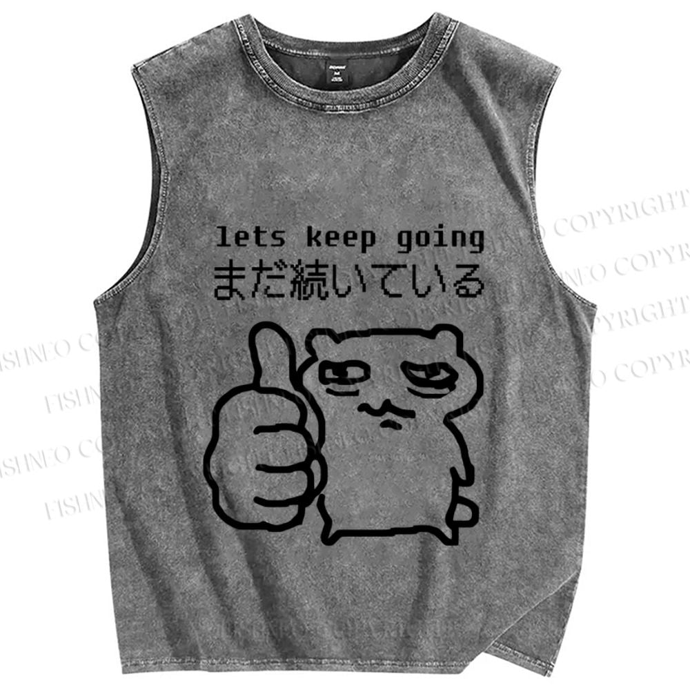 Unisex Tired Cat Lets Keep Going Printed Washed Tank Top