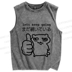 Unisex Tired Cat Lets Keep Going Printed Washed Tank Top