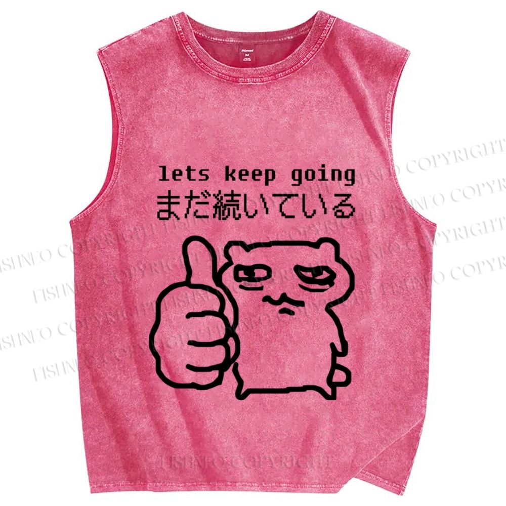 Unisex Tired Cat Lets Keep Going Printed Washed Tank Top