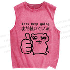 Unisex Tired Cat Lets Keep Going Printed Washed Tank Top