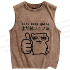 Unisex Tired Cat Lets Keep Going Printed Washed Tank Top
