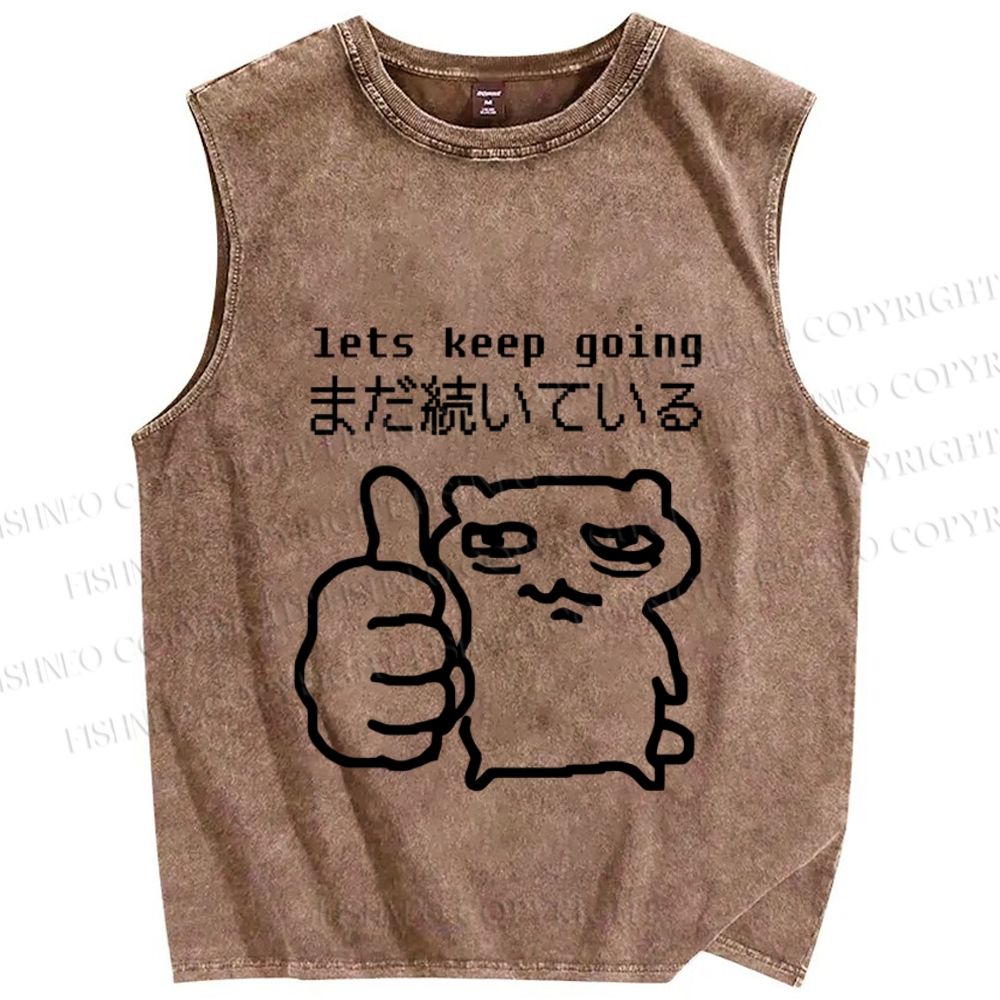 Unisex Tired Cat Lets Keep Going Printed Washed Tank Top