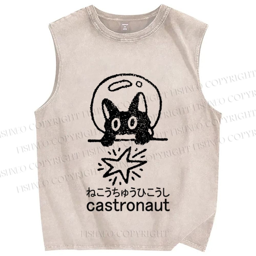 Unisex Funny Cat Astronaut Printed Washed Tank Top