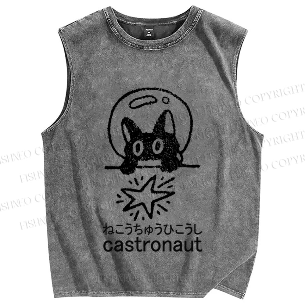 Unisex Funny Cat Astronaut Printed Washed Tank Top
