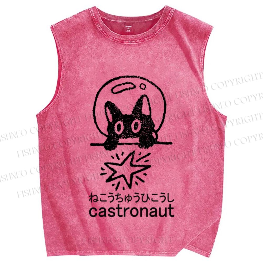 Unisex Funny Cat Astronaut Printed Washed Tank Top