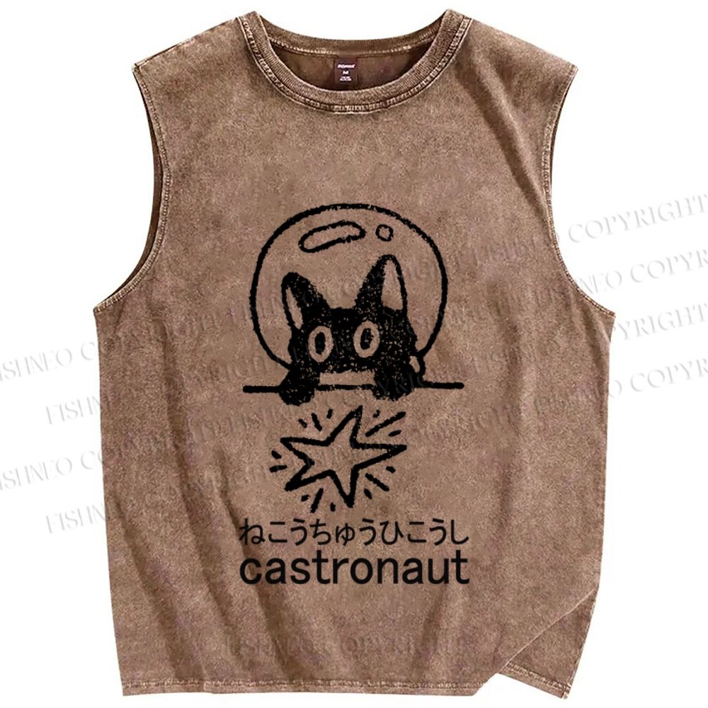 Unisex Funny Cat Astronaut Printed Washed Tank Top