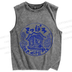 Unisex Japanese Stamp Art Printed Washed Tank Top