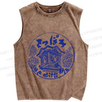 Unisex Japanese Stamp Art Printed Washed Tank Top
