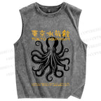 Unisex Vintage Octopus Printed Washed Tank Top