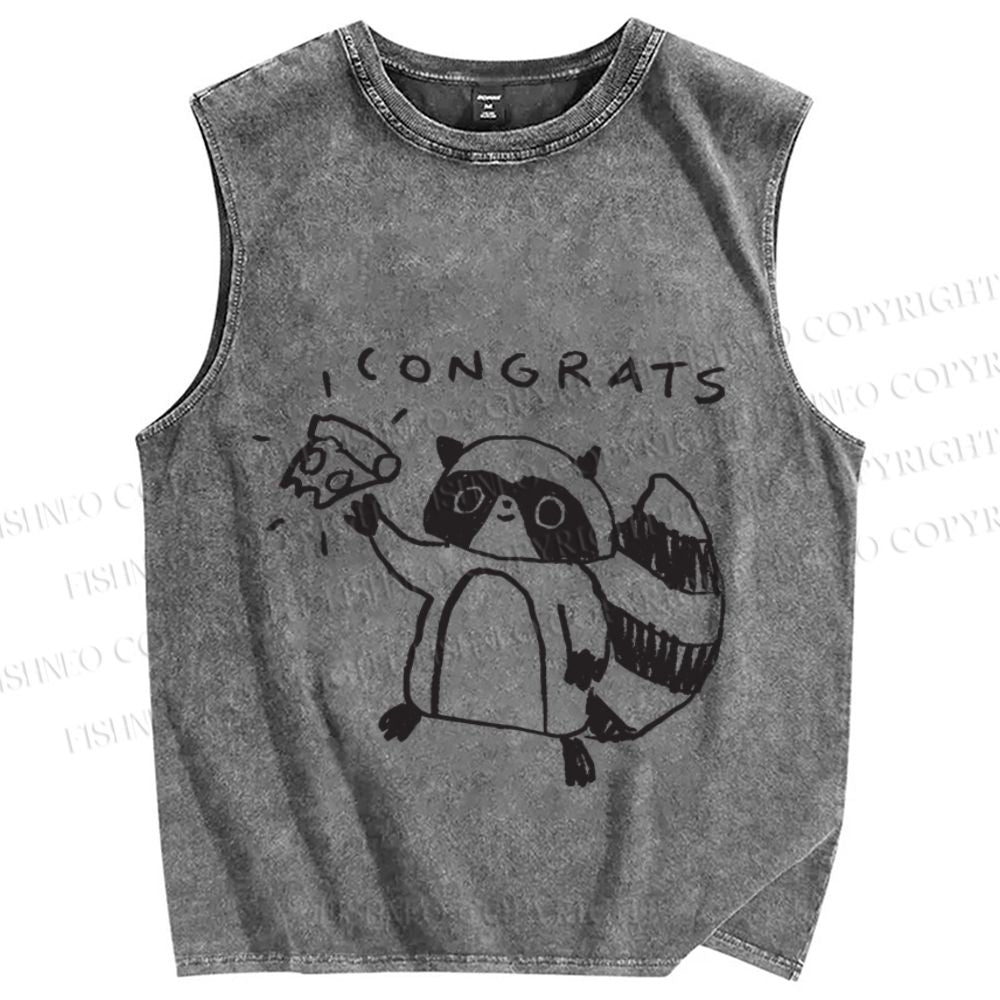 Unisex Raccoon Congrats Printed Washed Tank Top