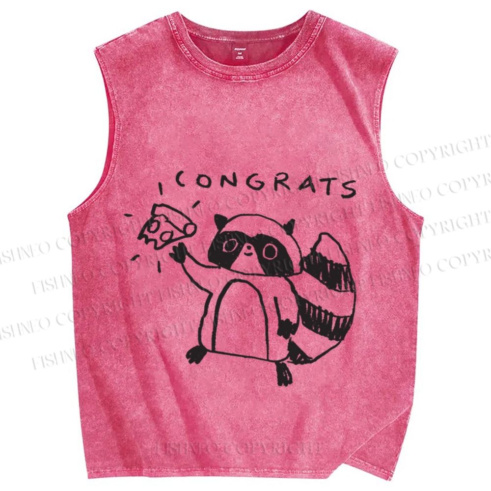 Unisex Raccoon Congrats Printed Washed Tank Top