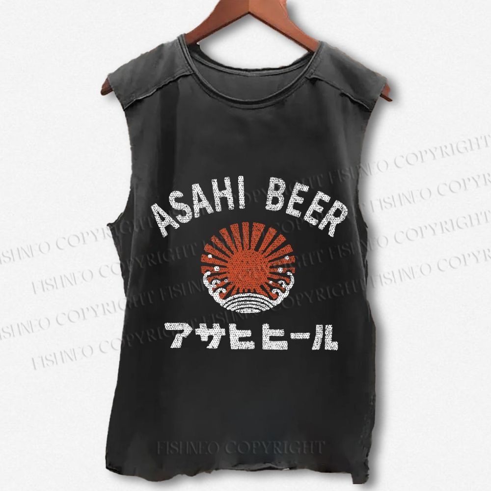 Unisex Asahi Beer Wave Vintage Printed Washed Tank Top