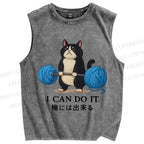 Unisex Cat Lifting Weight Printed Washed Tank Top