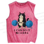 Unisex Cat Lifting Weight Printed Washed Tank Top