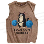 Unisex Cat Lifting Weight Printed Washed Tank Top